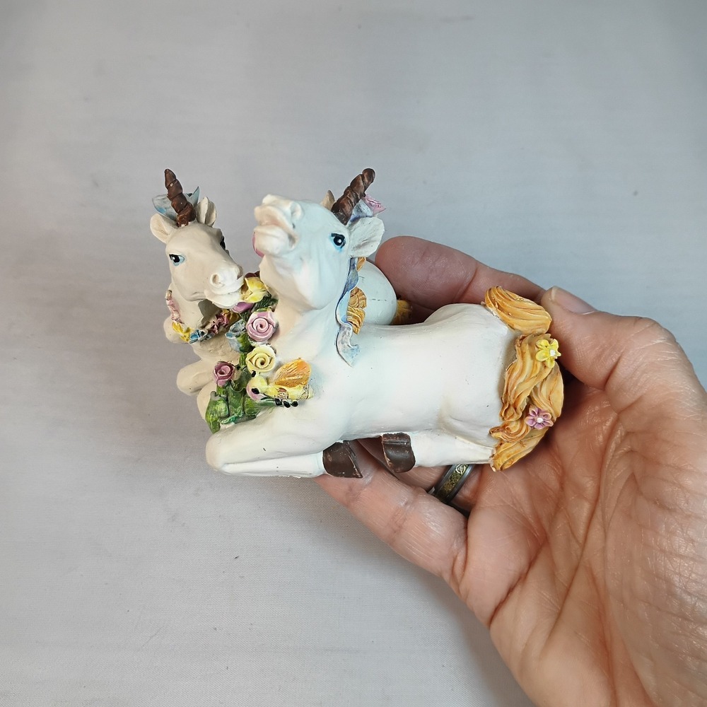 Vintage Mom and Baby Unicorn Hand Painted Unicorn Figure w/ Flowers 3.25 X 4 Inc